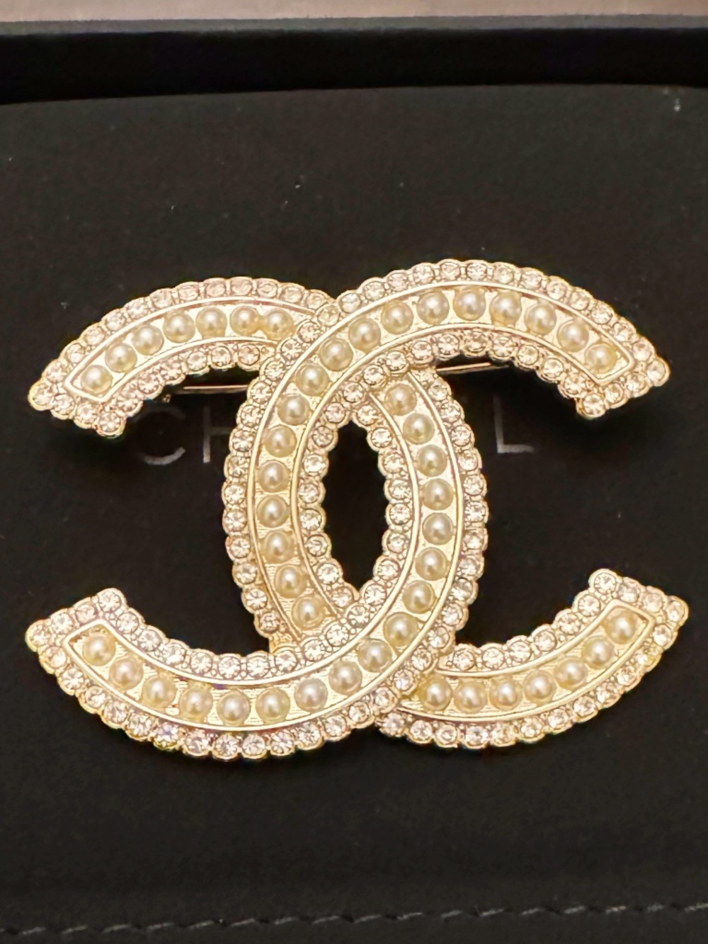 Super Rare Classic Chanel CC Large Crystal Embellished Pearl & Gold Pin Brooch